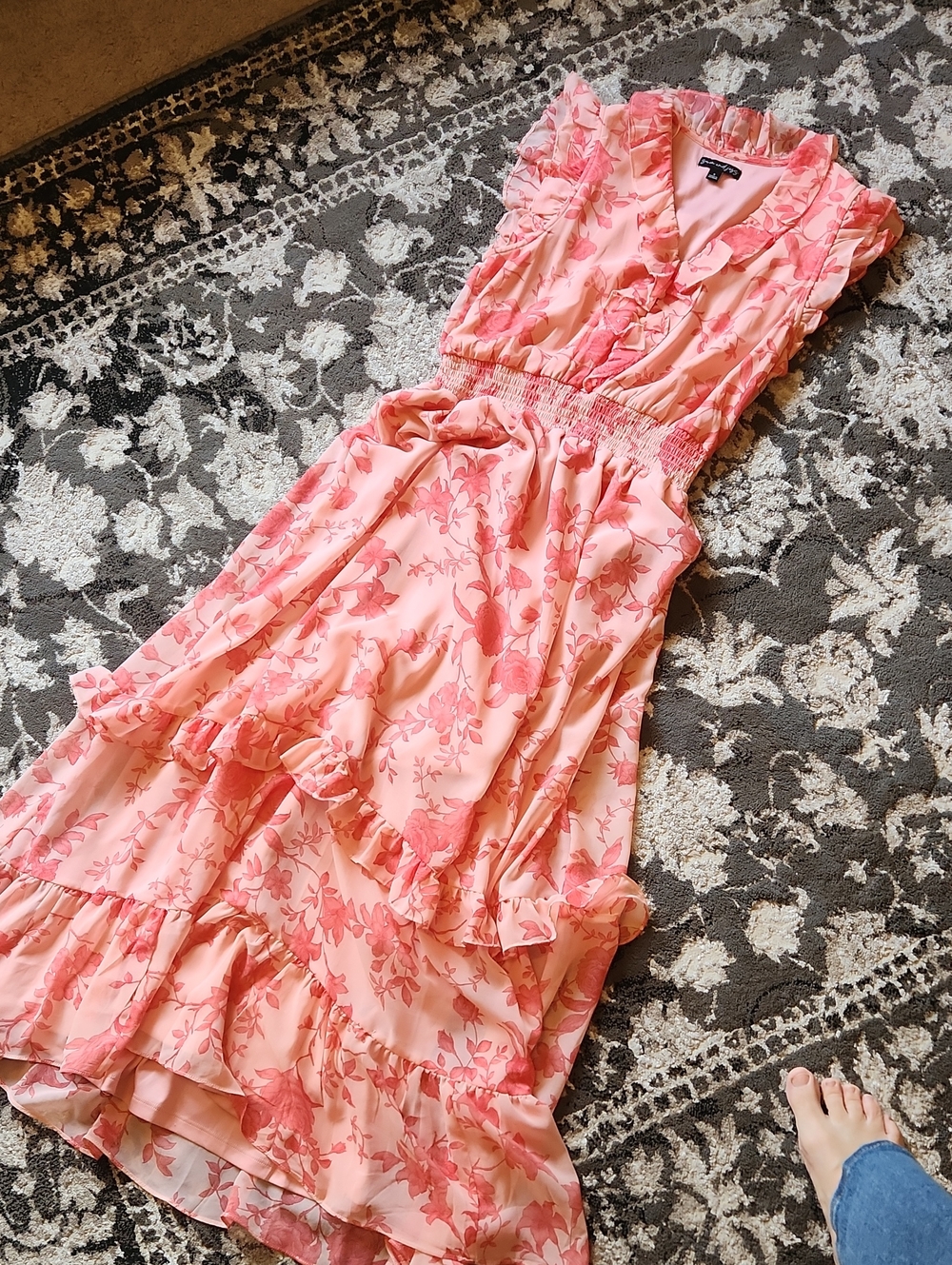 Coral Floral Ruffle Maxi Dress with Smocked Waist